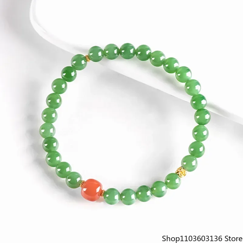 

Natural Genuine Hetian Jasper Beeswax Bracelet 6mm Green Round Beads Women's Stretch Rope String Fashion High Grade Jewelry