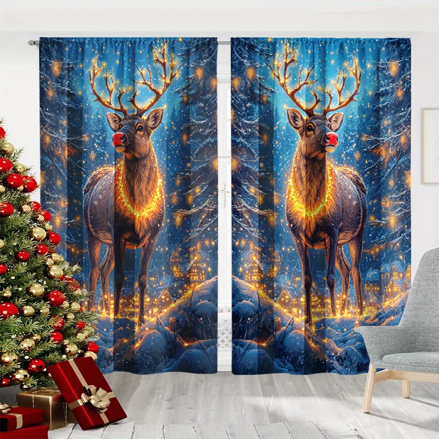 2PCS Christmas Winter Curtains, Red Nose Reindeer Golden Light Night Village, Digital Print, Bedroom Living Room, Home Decor