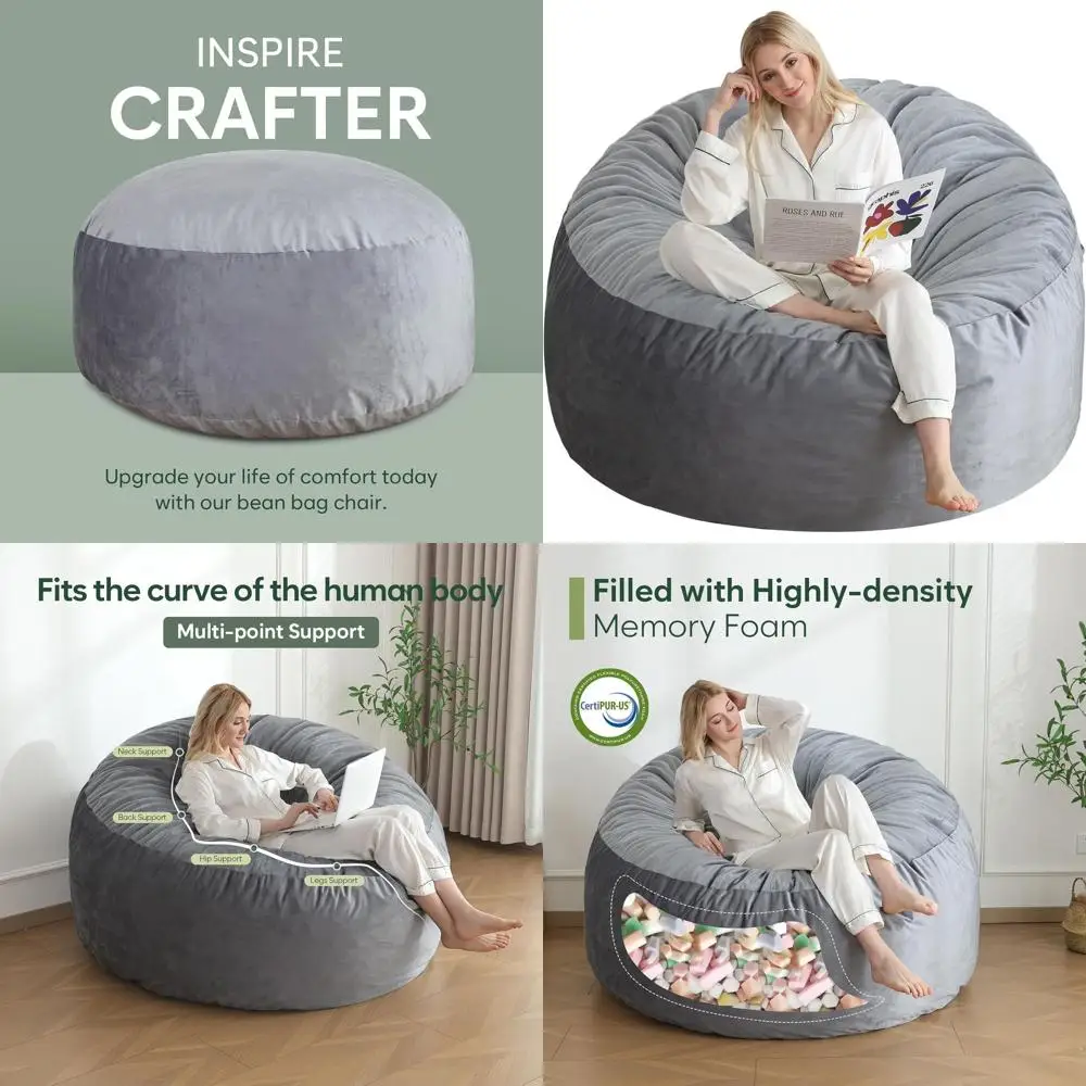 

3-Foot Memory Foam Bean Bag Chair for Adults, Round Velvet Sofa with Filling Included, Dark Grey
