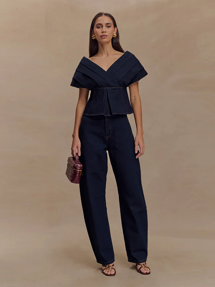 

Sexy Denim Long Pants 2 Piece Suit High Street Deep V-neck Bandage Backless Top Off Shoulder Shirt Straight Loose Jeans Lady Set