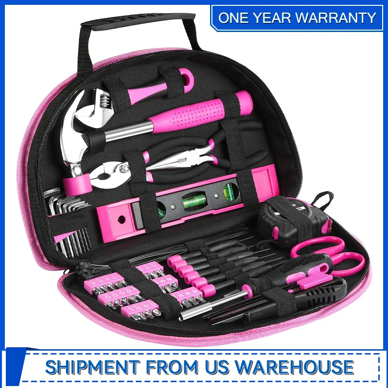 Pink Tool kit 69 Piece Ladies Hand Tool Set with Easy Carrying Round Pouch Household Tool Kit for DIY Home Maintenance