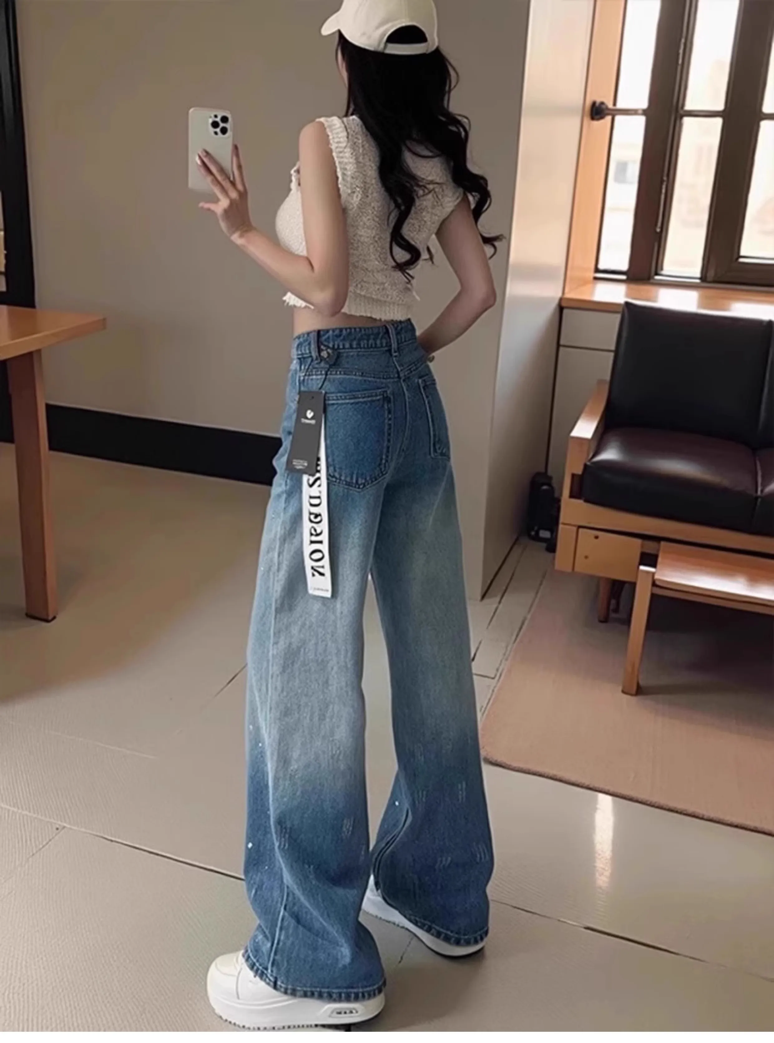 Y2K – jean dégradé à strass pour femmes, jambes larges, taille haute, amincissant, coupe ample, pantalon de sol, nouvelle collection printemps