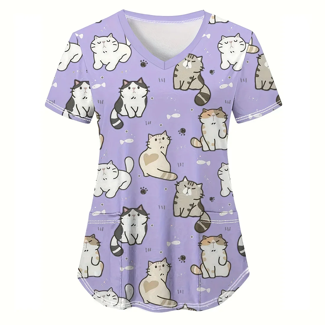 Униформа для кормления для женщин, топы для кормления домашних животных с милым котом и мультяшным принтом, модная футболка с v-образным вырезом и коротким рукавом, ветеринарная униформа, женская медицинская униформа