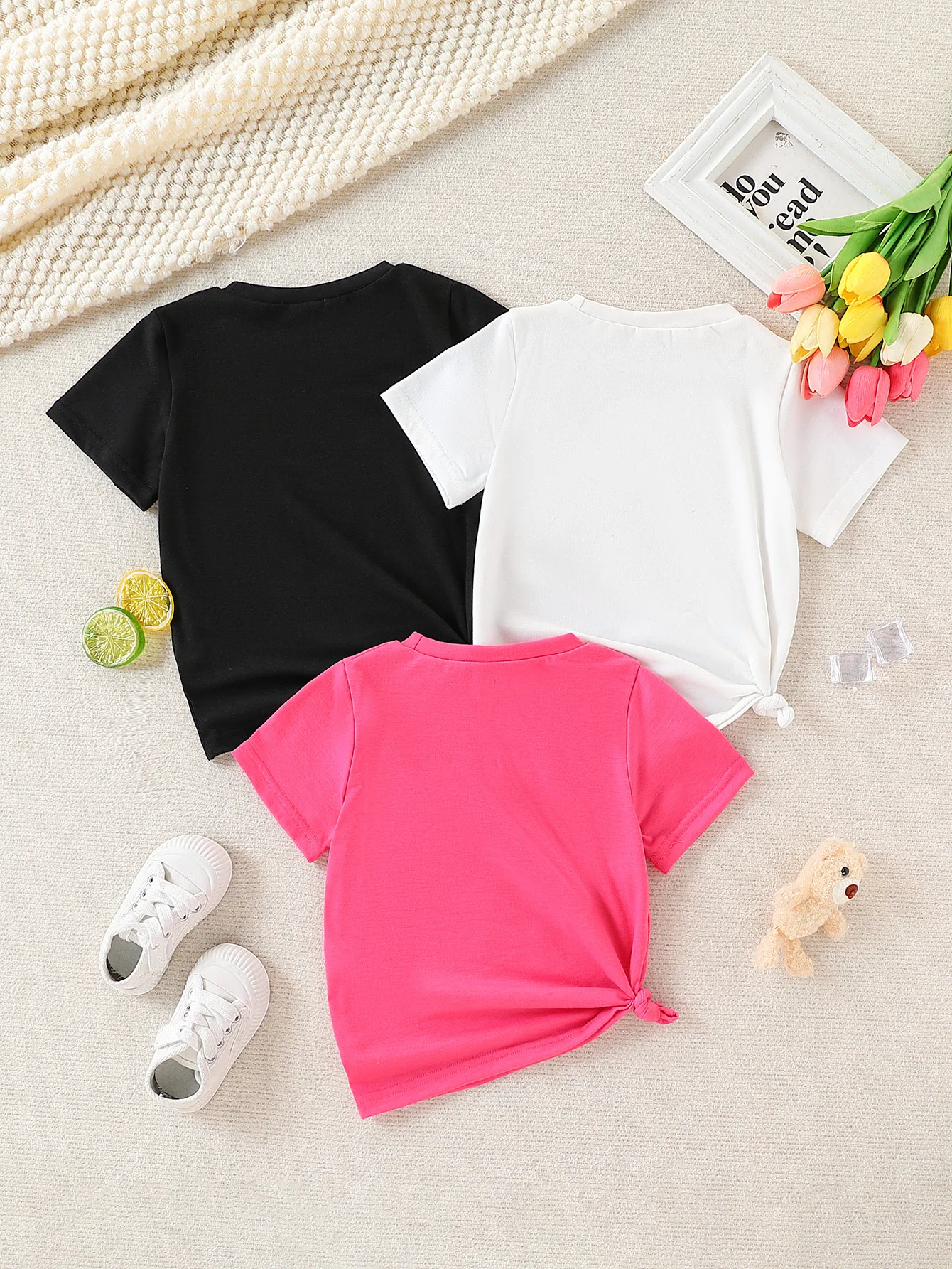 Girls' 3-Piece Casual Combo Multi-Color Cartoon Pattern Top with Micro Elastic round Neck Short Sleeve for Summer
