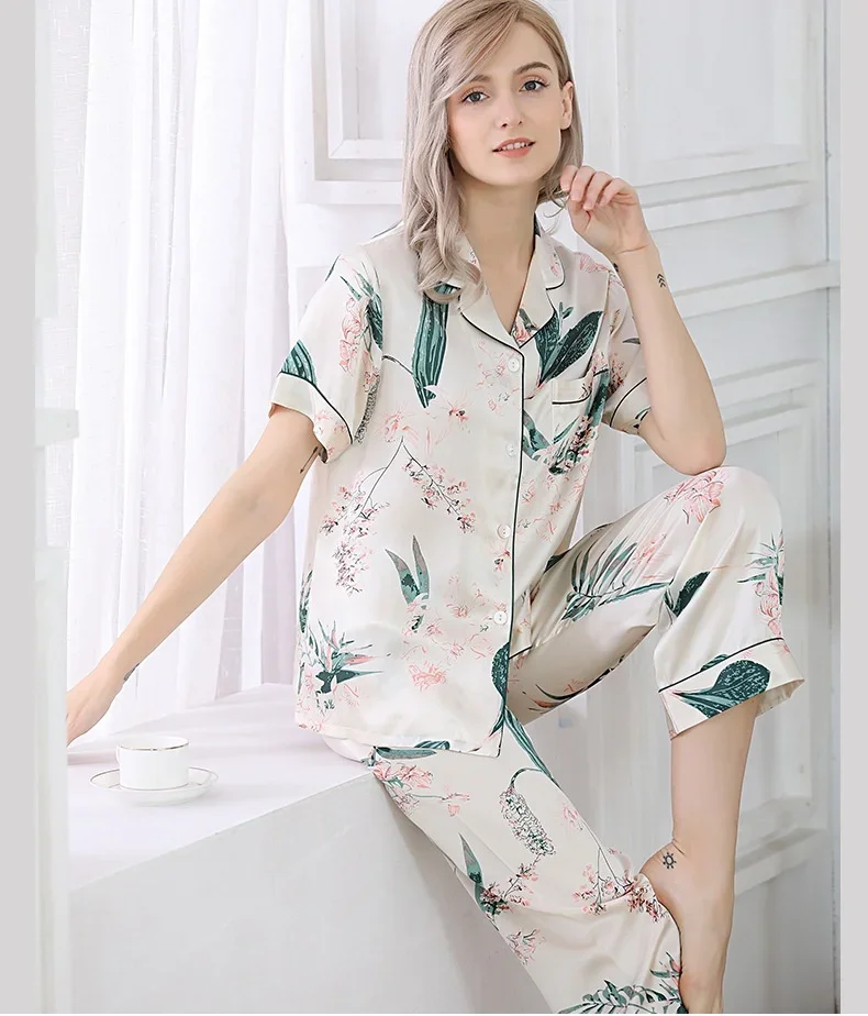 Floral Women's 100% Mulberry Silk Pyjamas Homewear Suit Summer Short-Sleeve Nightwear Thin Real Silk Cardigan Sleepwear Pajamas