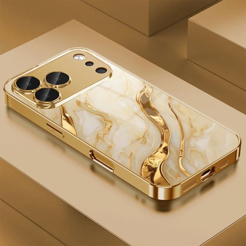 Golden Marble Wave Design Pattern Tempered Glass Phone Case For iPhone 17 16 11 15 12 13 14 Pro Max Plus 16E 17Air Protect Cover