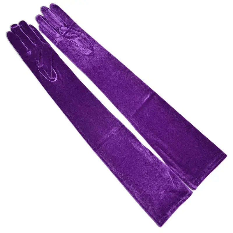 Guantes largos de terciopelo para mujer, guantes de 60cm de largo, color morado oscuro, alta elasticidad, terciopelo de cisne dorado, pantalla