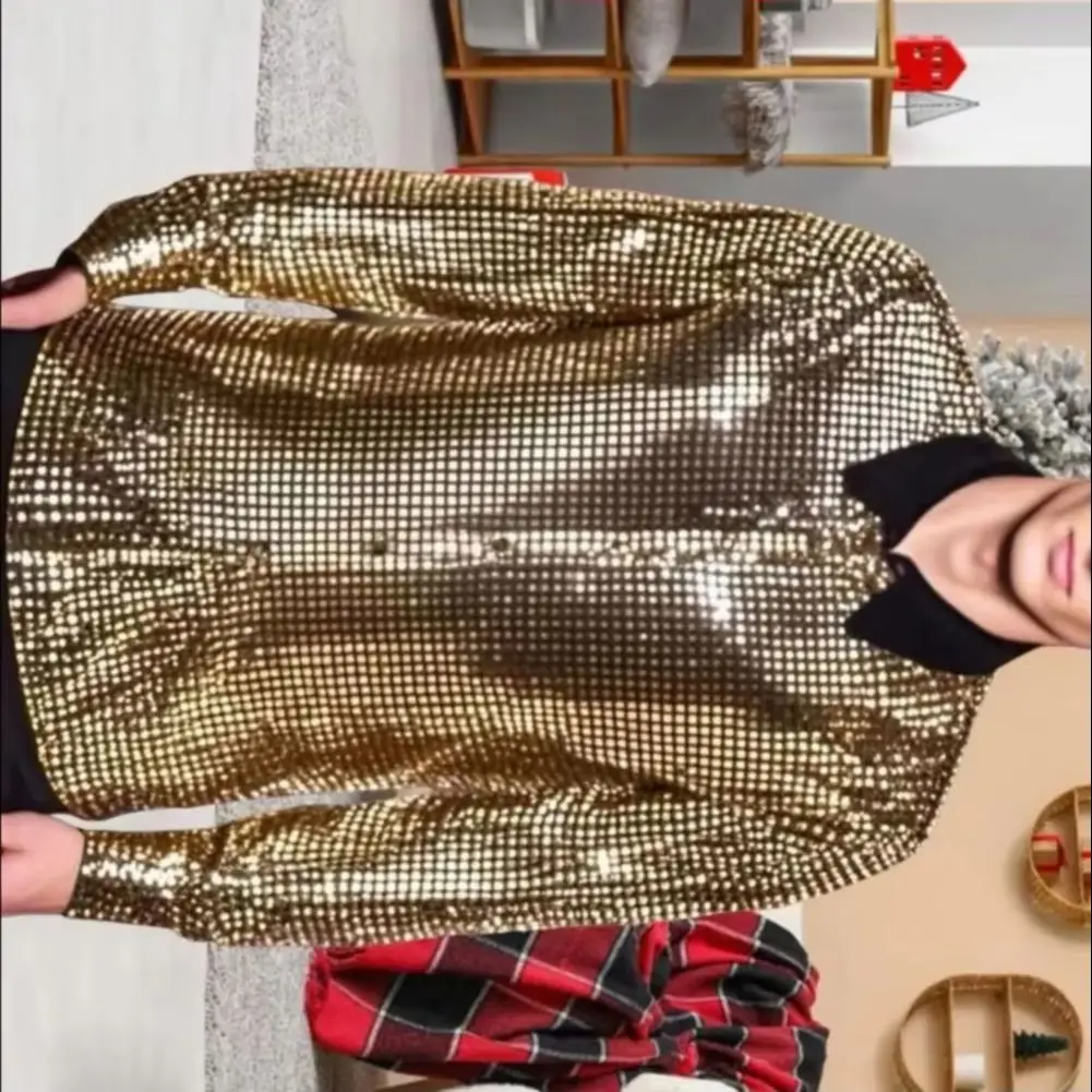 2026 Men Retro Sequin Shirt Glittery Button-up Long Sleeve Lapel Shirt Vintage Disco Shirt for Bars Nightclubs Parties