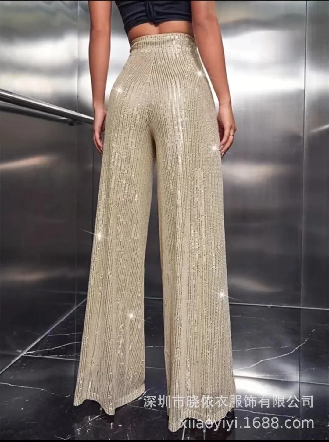 New Women's Solid Color Wide-leg Pants Casual Fashion Elegant Black Sequins Holiday For Women Long Pant Womens Clothing