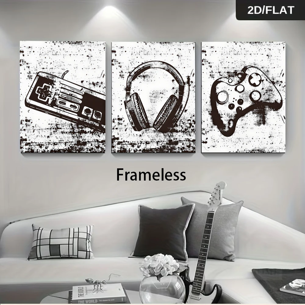 1 Set Modern Black White Graffiti Game Theme triptych frameless Wall Art, Gamepad Headset for Living Room Bedroom Gaming, 2Dflat