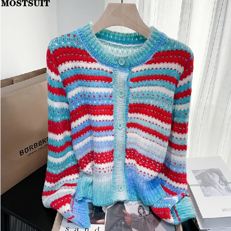 Cárdigan de punto a rayas degradadas para mujer, suéter de punto de manga larga con cuello redondo, jerséis elegantes a la moda para primavera 2026