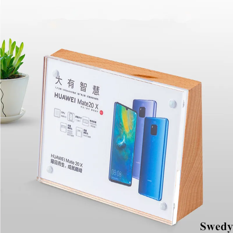 90x54mm Wood Price Lable Card Holder Tags Photo Picture Poster Frame Menu Holder Acrylic Sign Holder Display Stand