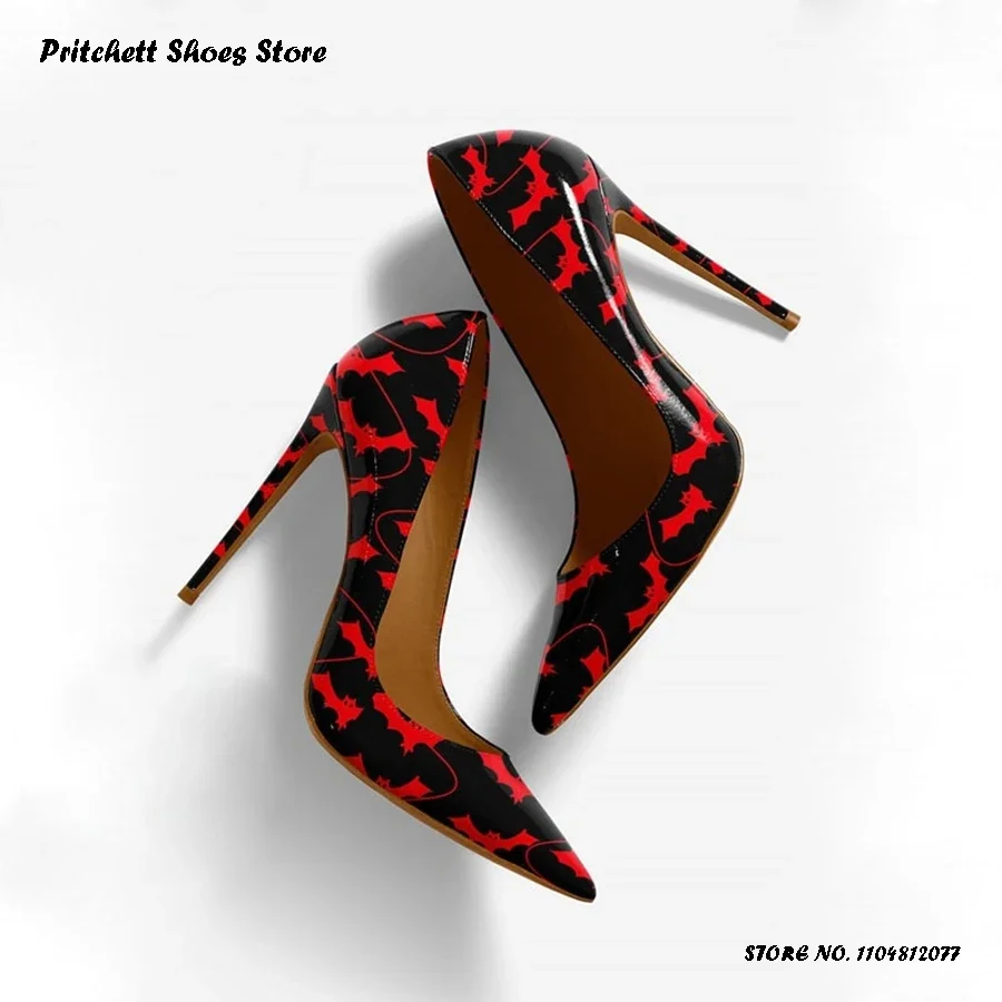 

Женские туфли-лодочки с принтом летучей мыши на Хэллоуин, праздничные банкетные модельные туфли в западном уличном стиле, пикантные туфли на тонком высоком каблуке с острым носком