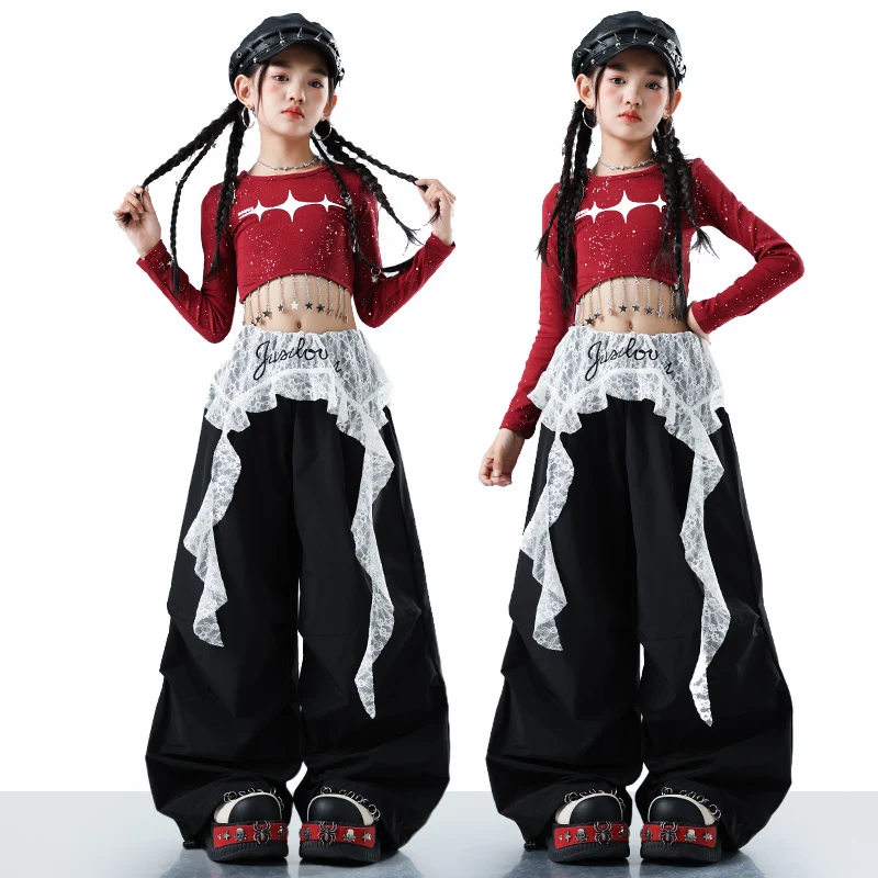 Stylish Teen Girls Hiphop Fashion Top And Trousers Set Streetwear Kids Children Jazz Dance Costume Hip Hop Performance Clothing