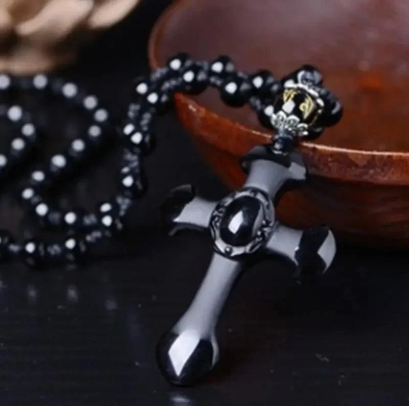 Vintage Christian Cross Obsidian Anhänger Perlen Halskette Männer Frauen viel Glück Amulett Schmuck Geschenk – Detail 2