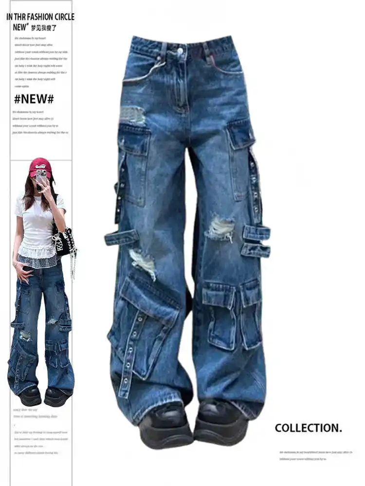 

Women's Y2k Cargo Ripped Jeans Harajuku Baggy Denim Trousers Vintage Wide Jeans Long Pants Japanese 2000s Style Oversize Clothes