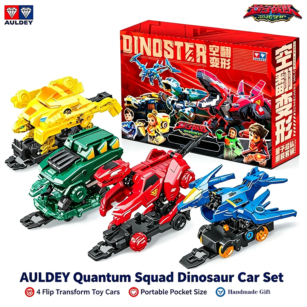 AULEDY  Quantum Team Dinosaur Car Set consisting of 4 flip and transform toy cars  portable toy car Handmade Gift