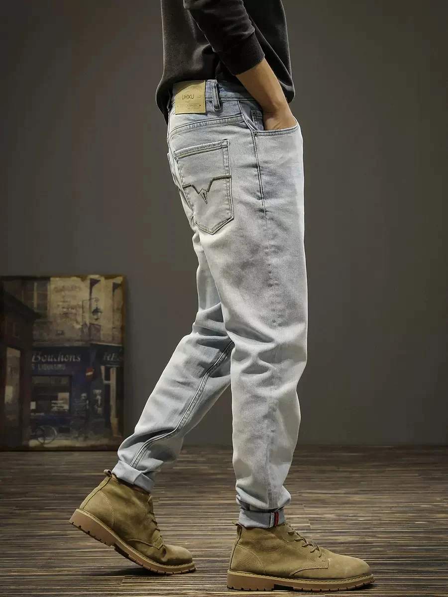 Korean Style Fashion Men Jeans Retro Light Blue High Quality Stretch Slim Ripped Jeans Men Vintage Designer Denim Pants Hombre