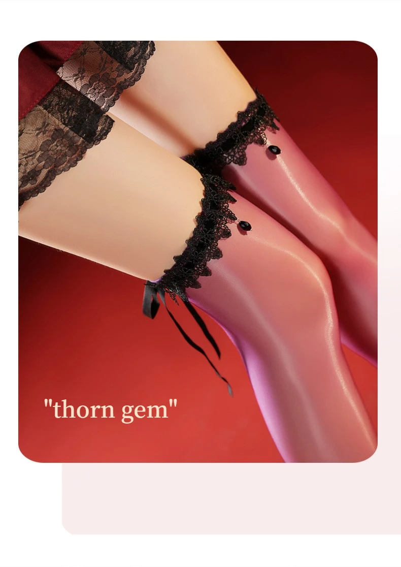 Damen Schwarze Rote Spitzen-Overknee-Strümpfe, Glänzende Transparente Öl-Satin Anti-Rutsch-Socken für Cosplay Gothic Party Clubwear Strümpfe Sexy – Detail 6