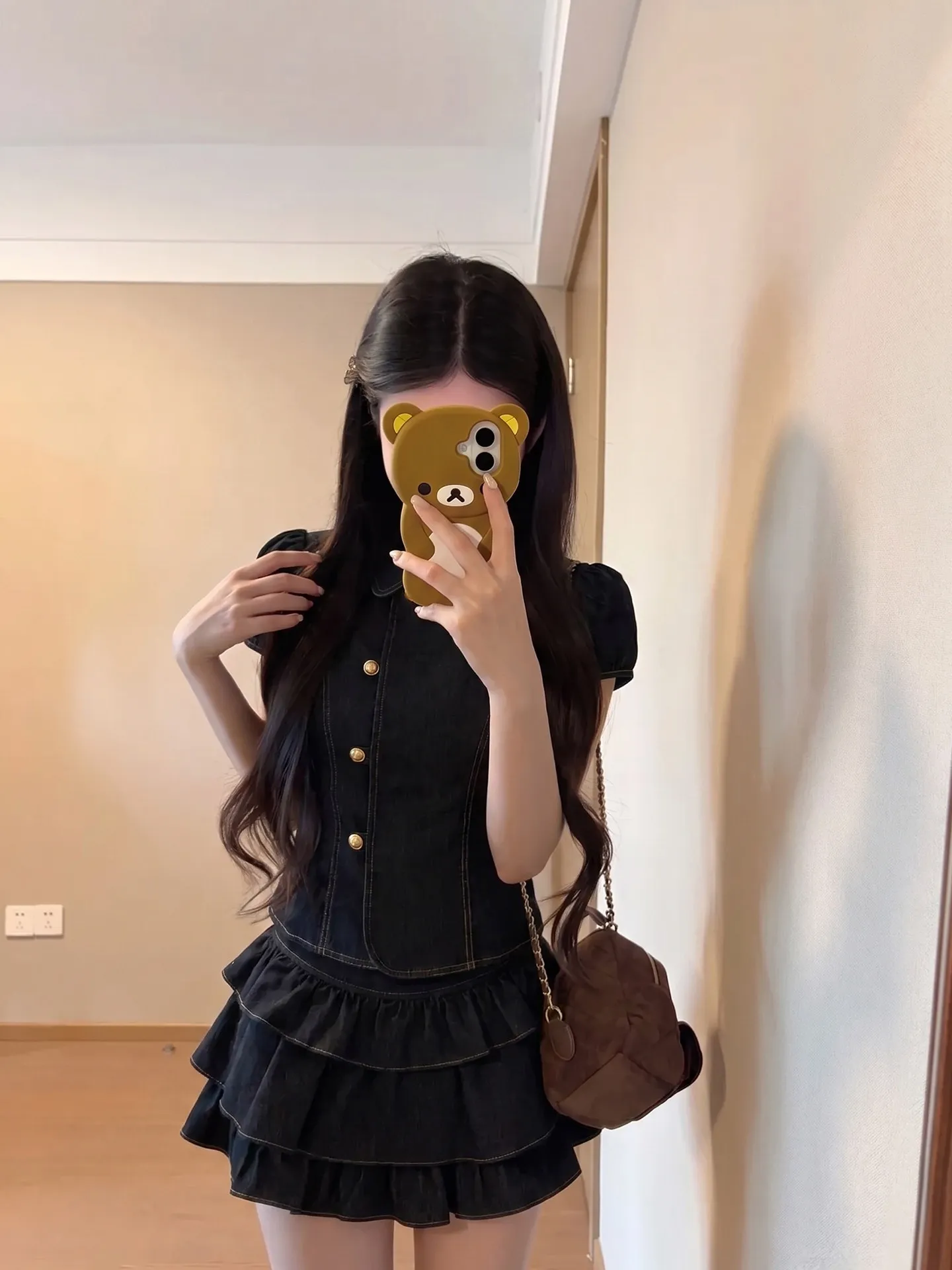 

Retro Doll Collar Waist Cinched Short Sleeve Shirt Girl's Style Cake Short Skirt Summer Two Piece Set High Waist Button up Ca...
