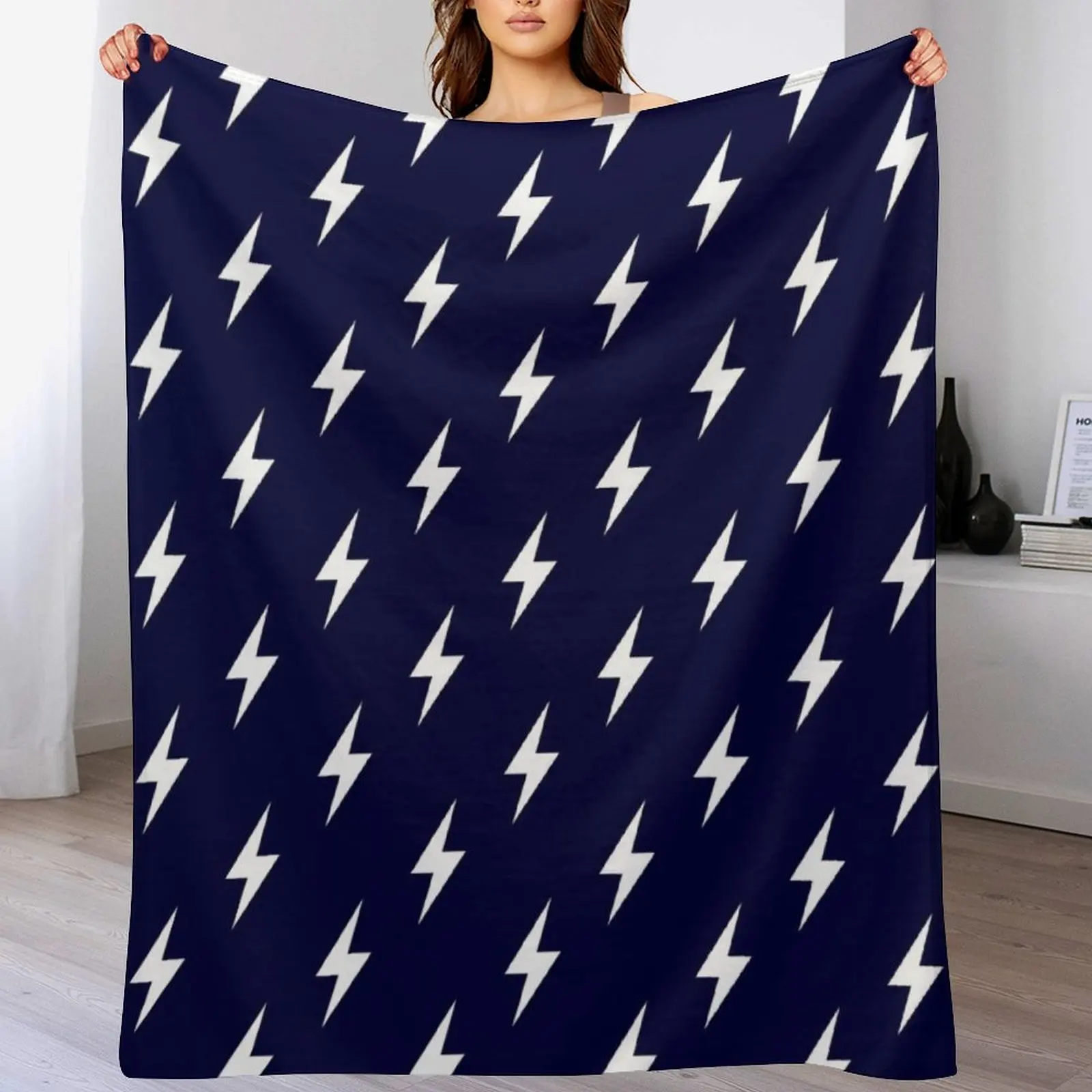Lightning Bolts White On Navy Blue Throw Blanket Travel Size Cozy Blanket for Plane Train