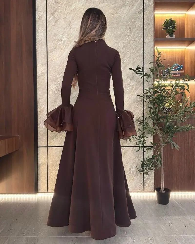 Jirocum – ensemble de robes de soirée de luxe marron chocolat, haut à volants transparent à col carré avec perles pour soirée de bal de gala