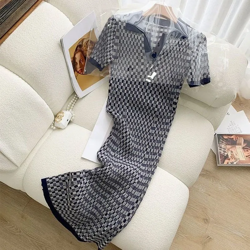 Fashion Elegant Plaid Short Sleeve Knitted Dress for Female 2023 Korean Casual Polo-Neck Slim Dresses Summer Women's Clothing