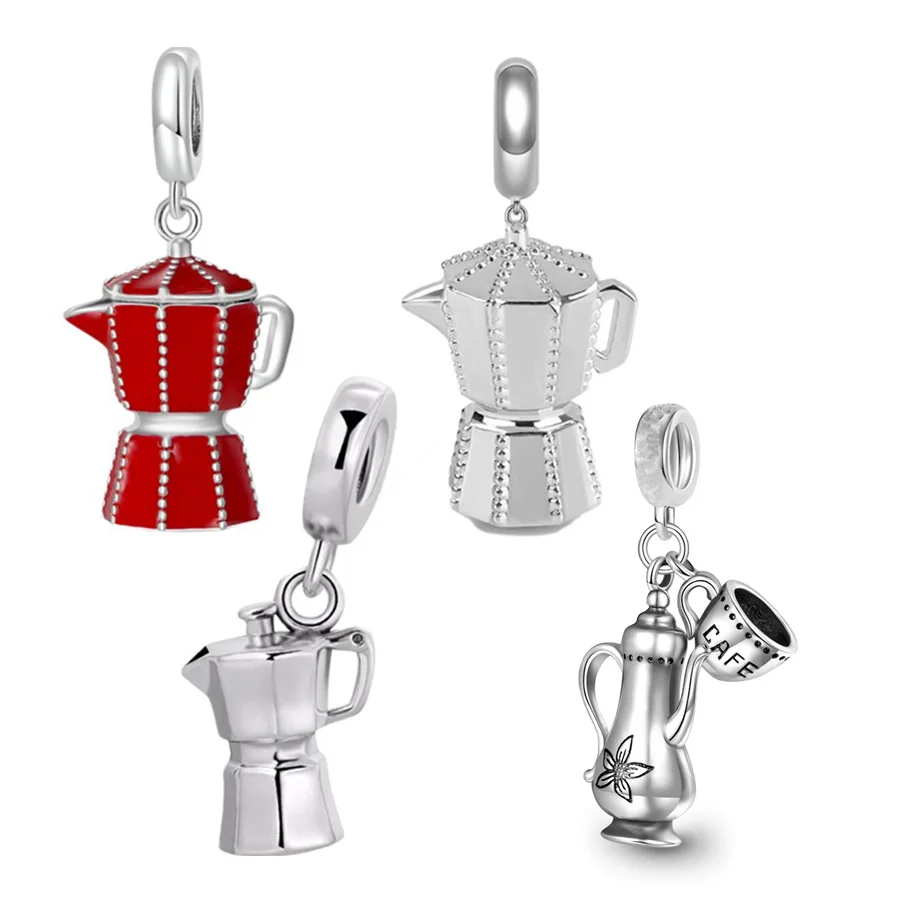 NEW Coffee Pot Pendant Fit Original 925 Sterling Silver Bracelet Red Coffee Pot,kettle,Imbue Diamond,Charm Bead DIY Jewelry Gift