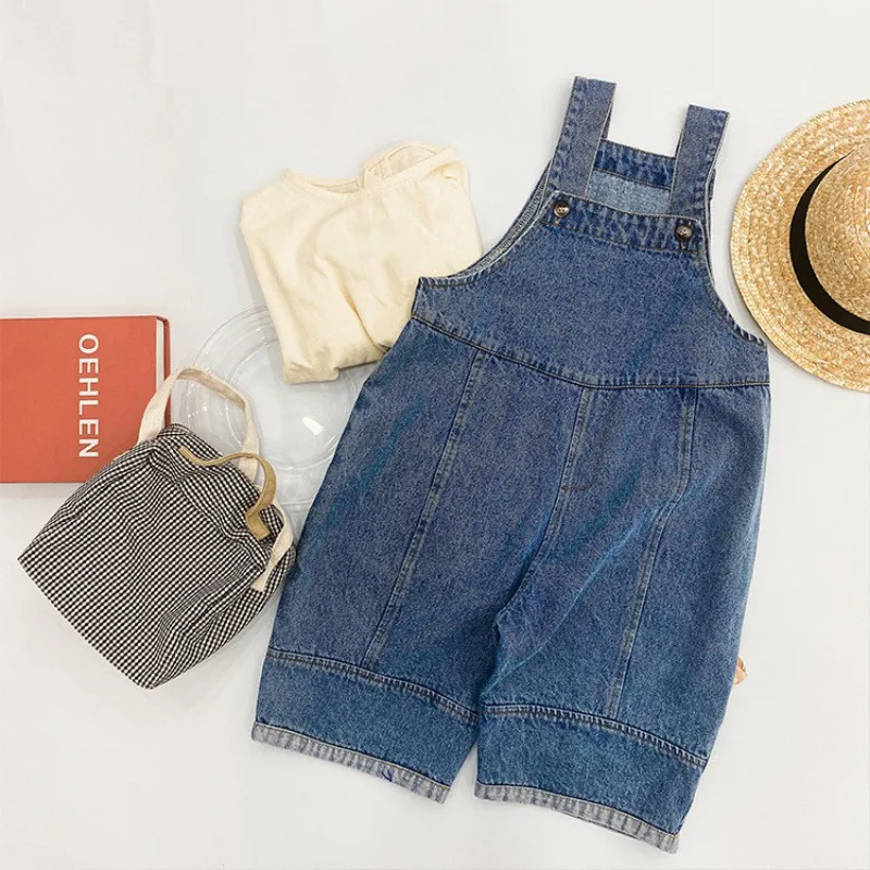 2024 Spring Autumn Kids denim jumpsuit Boys and girls solid color loose all-match denim overalls children bib pants