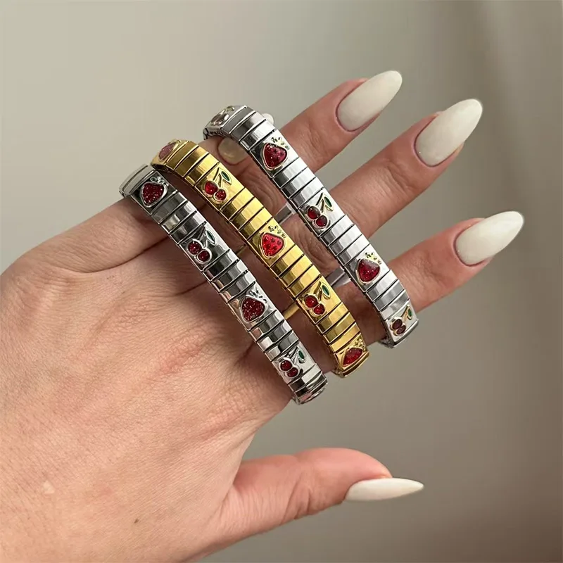 PRISCA | Elastic Strawberry Cherry Bracelet Women Girl Stainless Steel Cute Lovely Summer Jewelry New Fashion Wholesale 2026