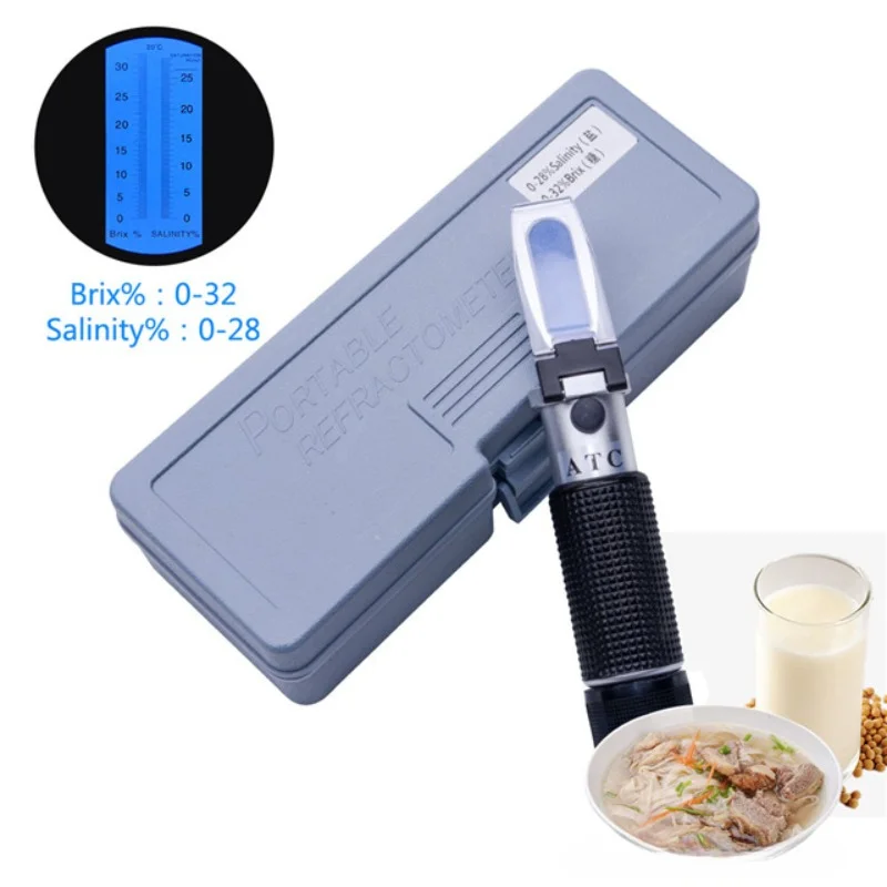 2 In 1 Brix Refractometer 0-32% Brix 0-28% Salinity Concentration Meter ATC Suger Tester Scale for Brine Kimchi Fruit Juice Milk