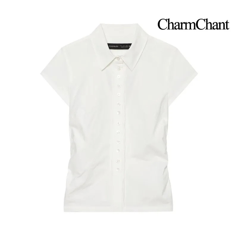 CHARMCHANT Women's Collared Short Sleeve White Shirt Ruched Slim Fitted Crop Blouse Button Down Casual Office Top Summer 2026
