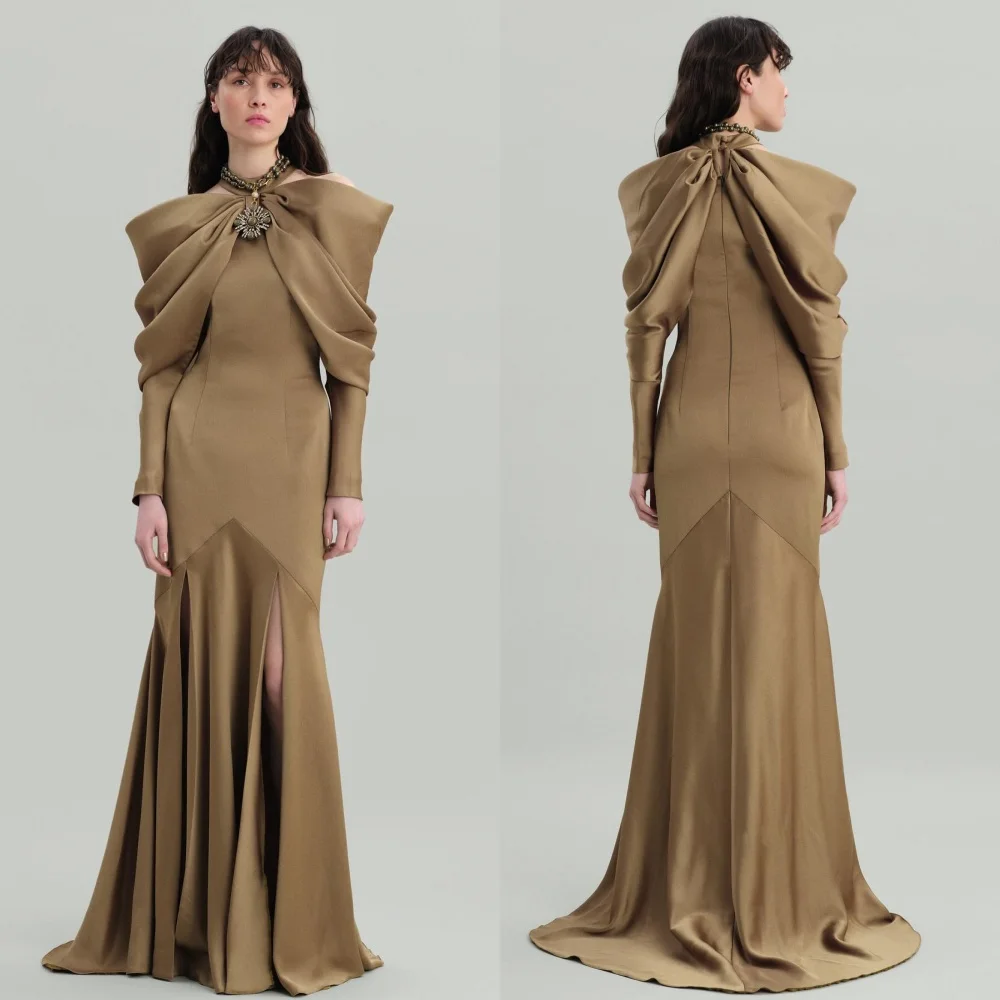 Jersey-Abendkleid mit Pailletten, gerüscht, A-Linie, Neckholder, maßgeschneidertes Anlasskleid, lange Kleider