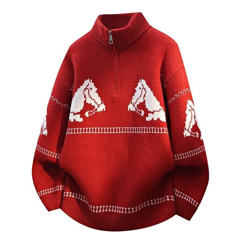 

Новинка 2025 года, вязаный свитер на молнии для мужчин, зимний теплый красный полиэфирное волокно, повседневный молодежный спортивный свитер, активный модный