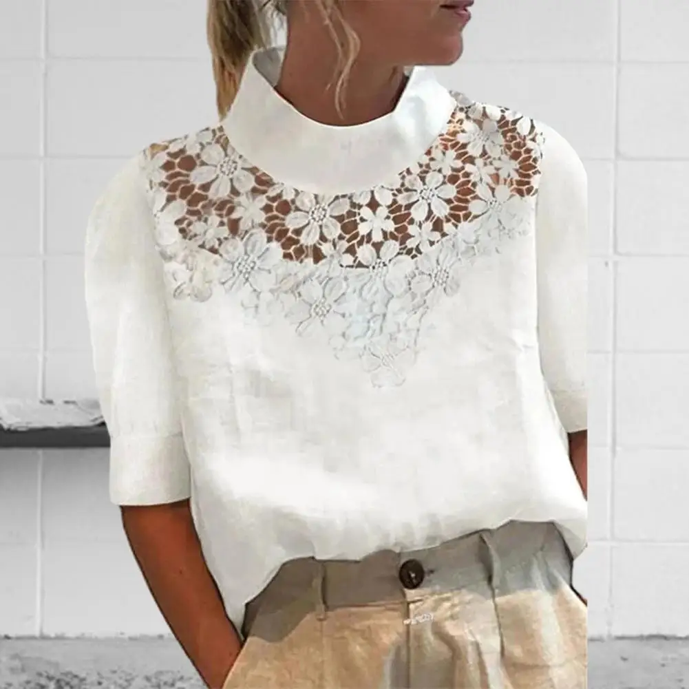 Vintage Spring Summer White Tops Mujer Casual Lace Patchwork Women Cotton Linen Blouses Chic Leisure Stand Collar Blouse Tunics