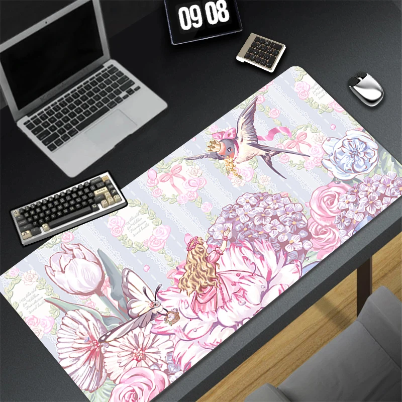 Retro Illustration Mouse Pad Laptop Dogs Tea Party Anime Mousepad PC Bow Flower Gamer Cabinet Keyboard Rug Kawaii Soft Desk Mat