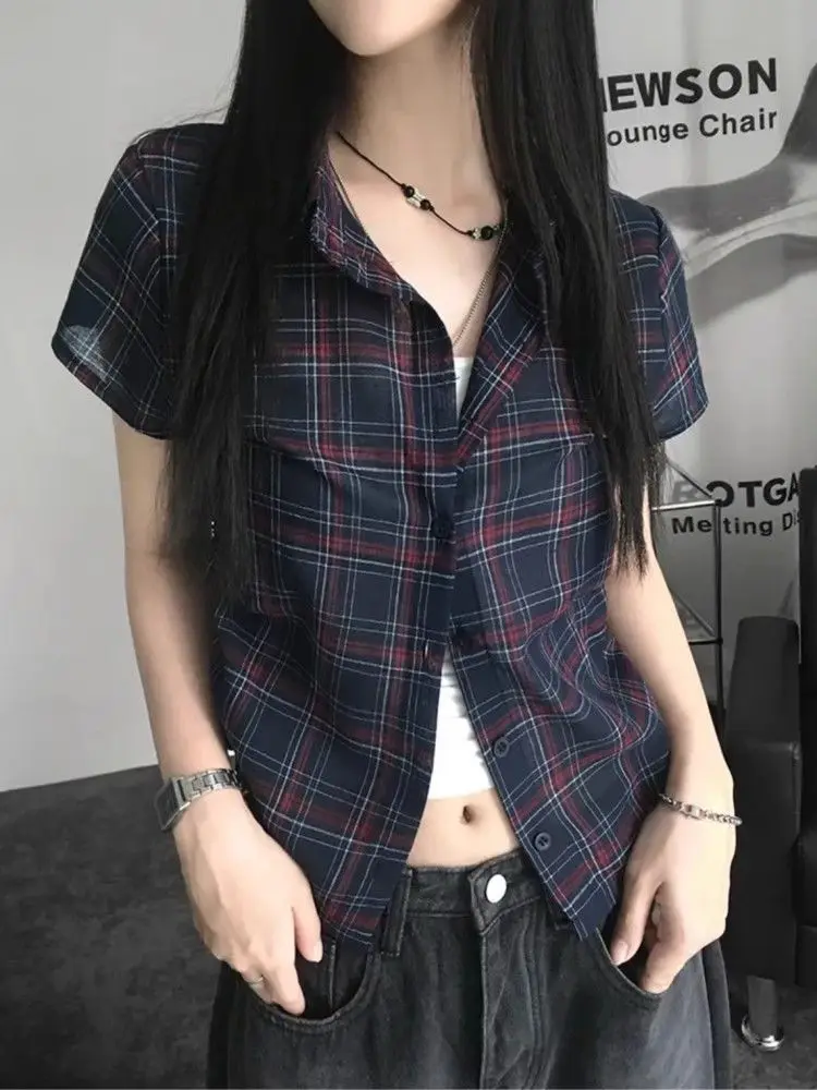Deeptown Vintage Plaid Women Shirts Preppy Short Sleeve Korean Fashion Drawstring Cropped Blouses Slim Chic Casual Basic Summer