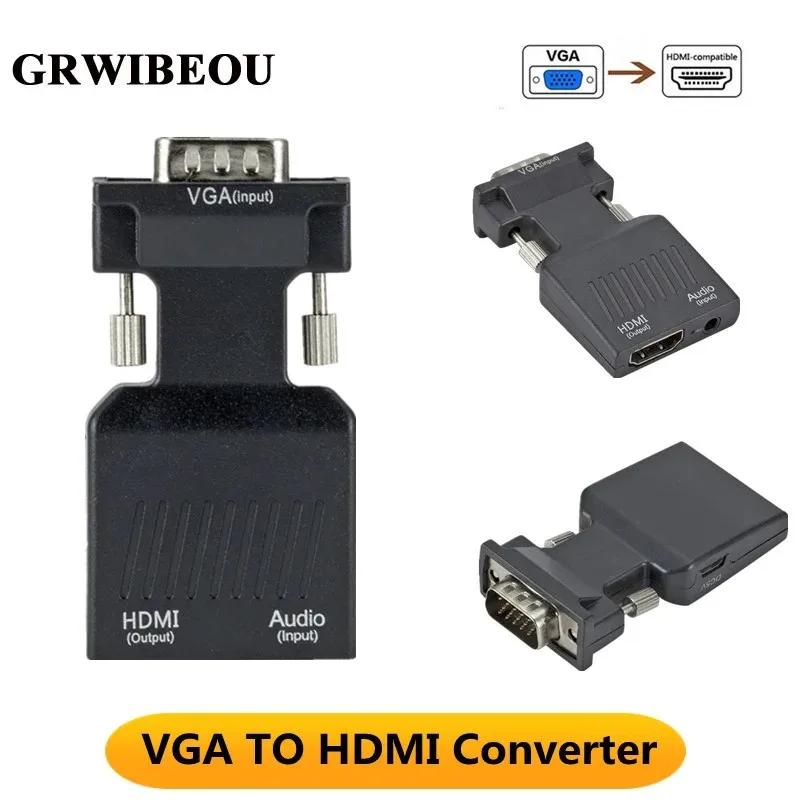 GRWIBEOU 1080P/720P VGA to HDMI-compatible Converter Cable Adapter Audio Power input for HDTV Monitor Projector PC Laptop TV-BOX