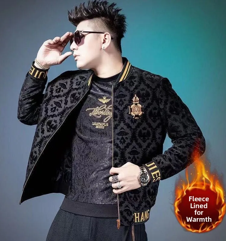 ZhanChao Men's Slim Fit Casual Jacket Lightweight Luxury Fleece Lined Embroidered Badge Spring Autumn Outerwear Coat