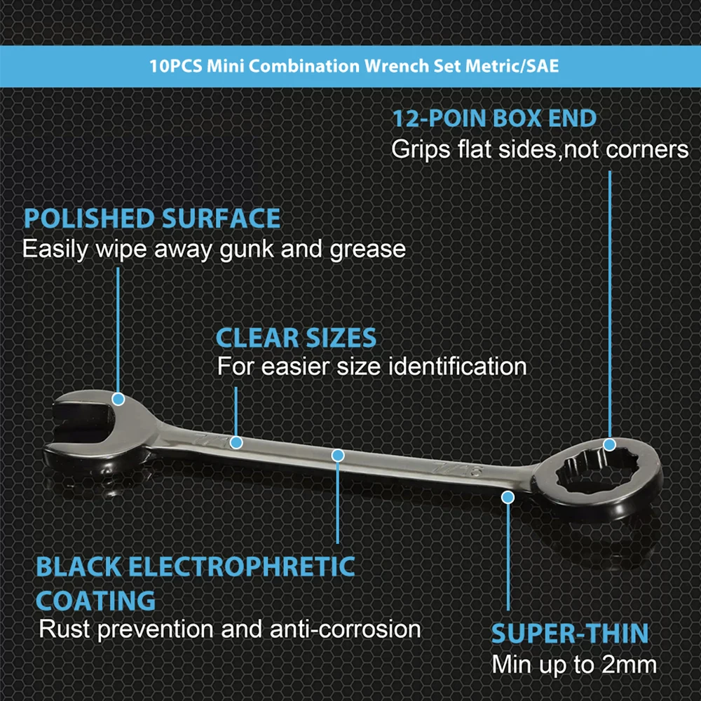 

10 шт. метрические 4-11 мм/SAE 5/32 "-7/16" мини-набор комбинированных ключей из углеродистой стали с прокатным чехлом LA-AA443
