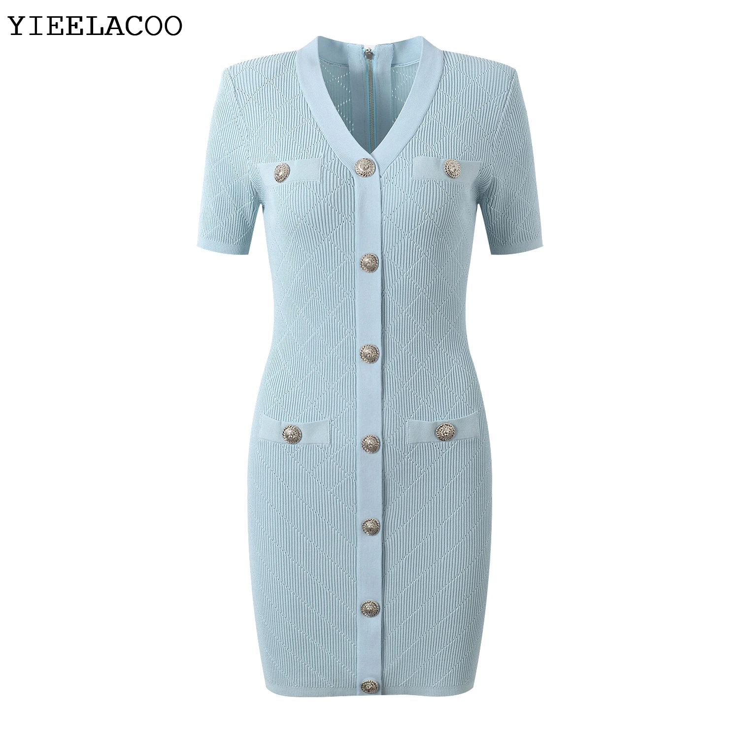 

Blue Knitted Dress Short sleeved 2024 Spring/Autumn New Celebrity Slim Fit Wrap Hip Dress V-neck Ice Silk Knitted Dress