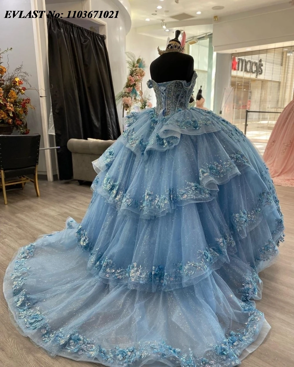 EVLAST Personalizado Azul Lantejoulas Quinceanera Vestido de Baile Applique Frisado Cristal Em Camadas Doce 16 Vestidos De 15 Anos SQ749