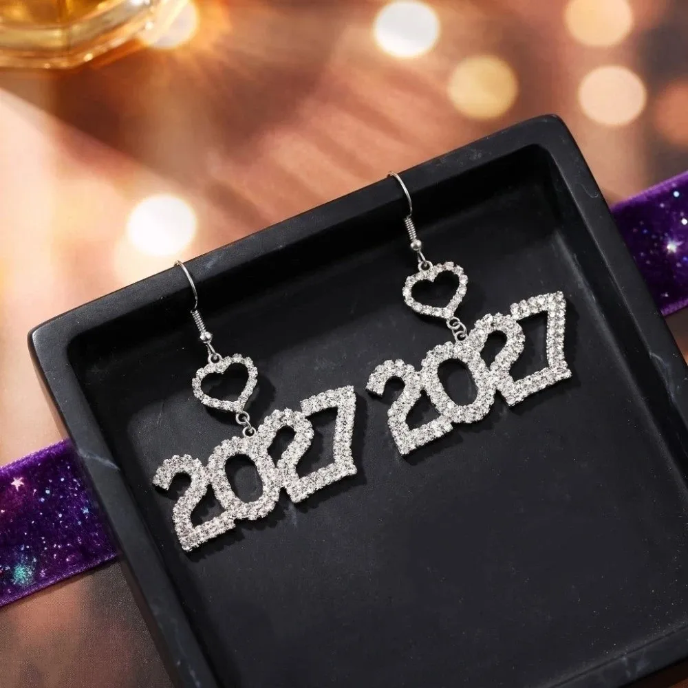 Elegant 2027 Digital Earrings Hollowed-out Fashion Long Drop Happy New Year Earrings Heart-Shaped Rhinestone