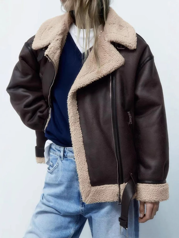 

Модные кожаные пальто из овечьей шерсти в стиле пэчворк, женские пальто с лацканами и длинным рукавом на молнии, свободное короткое теплое пальто, женская зимняя повседневная уличная одежда