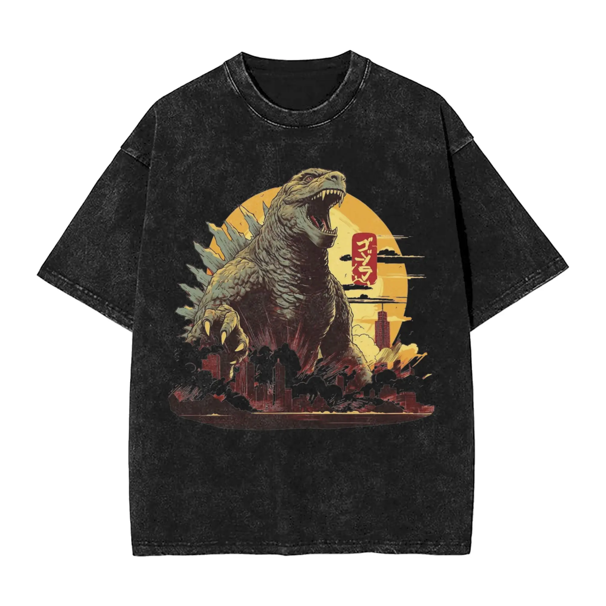 Harajuku Godzillaed Vintage Washed T-Shirt For Men Women Crewneck Short Sleeve Tops City Destruction 100%Cotton Summer Clothing