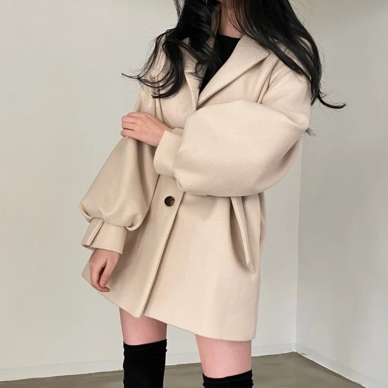 HOUZHOU Winter Vintage Wool Coat Women Autumn Winter Korean Fashion Oversize Jacket Old Money Style Streetwear Tweed Outwear