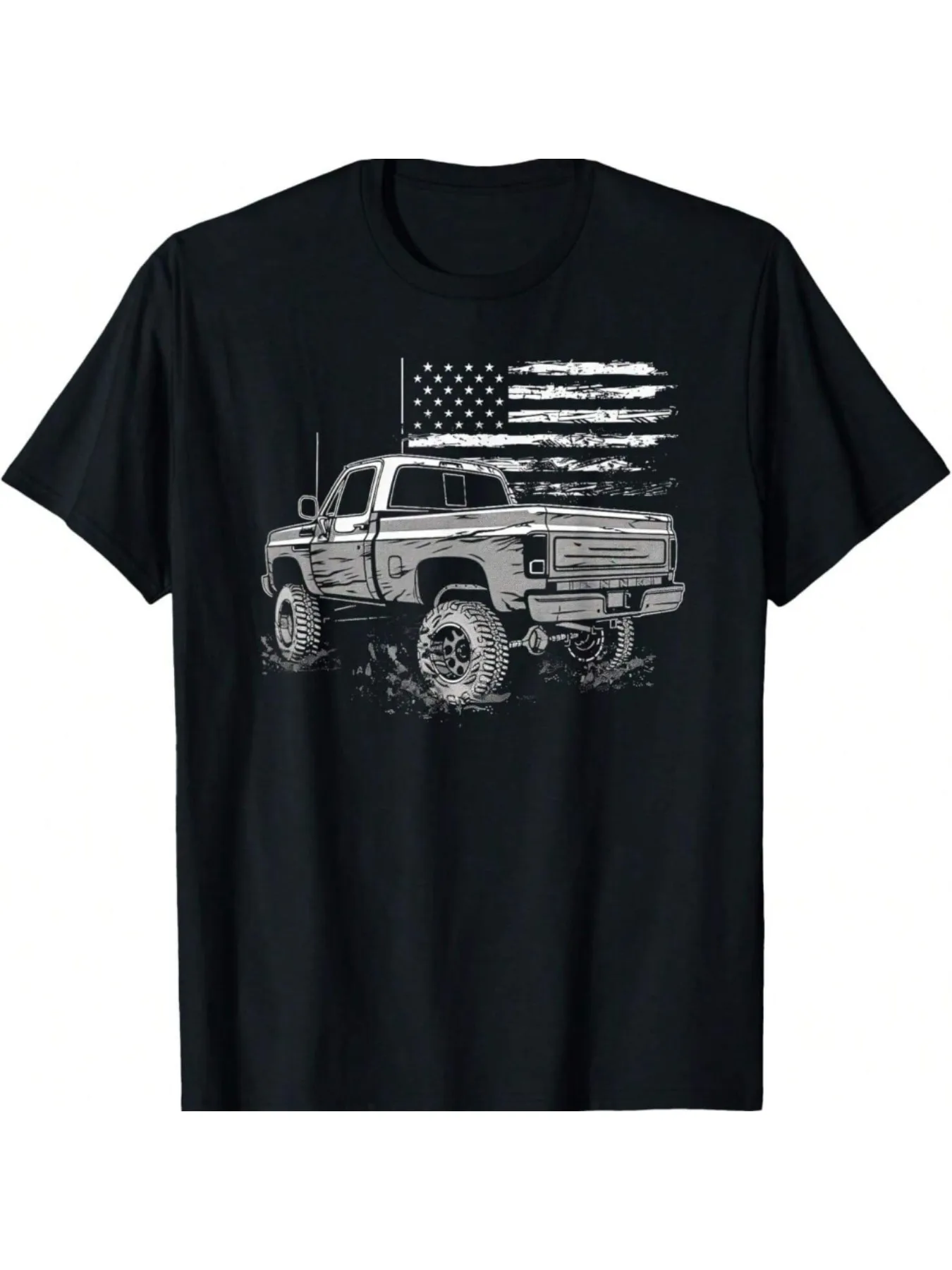 Vintage Pickup Truck Graphic Tee - 100% Cotton, Casual Crew Neck T-Shirt for Men, Black with American Flag Design, Comfortable