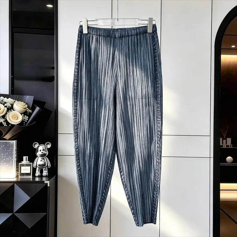 Miyake Pleated Faux Denim Print Carrot Pants 2026 Autumn New Simple Casual Fashion Elastic Women Stretch Nine-Point Harem Pants