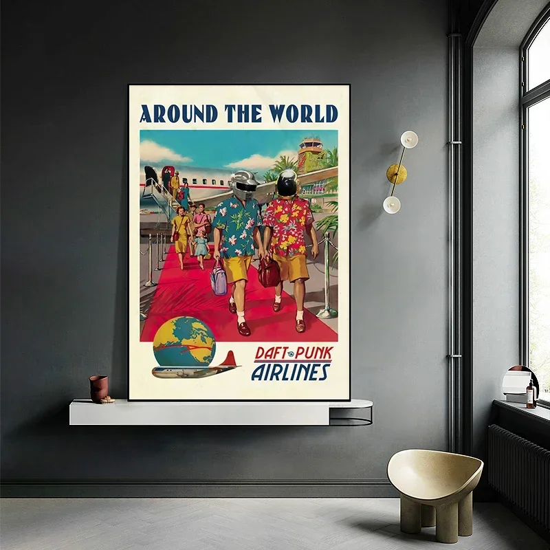 Modern Minimalist Wall Art Daft Punk Band Around The World Vintage Singer Helmet HD Poster Print Home Bedroom Living Room Decor