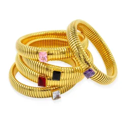 Hip Hop Waterproof Stainless Steel Multicolor Crystal Elasticity Thick Metal Polish Bracelet Golden Wide Cuff Bangle Jewelry New